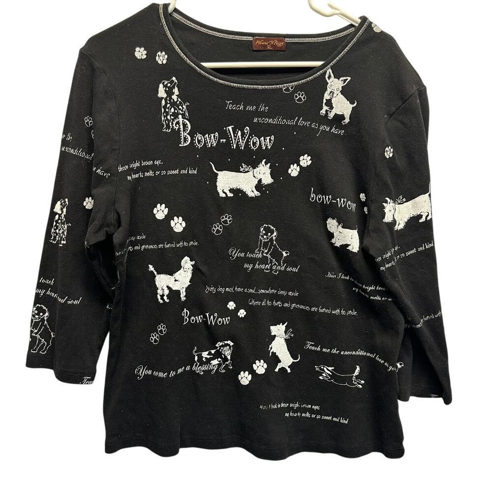 Flower N Ring Black Dog Graphic‎ Print 3/4 Sleeve Cotton Top XL Bow-Wow Kitschy